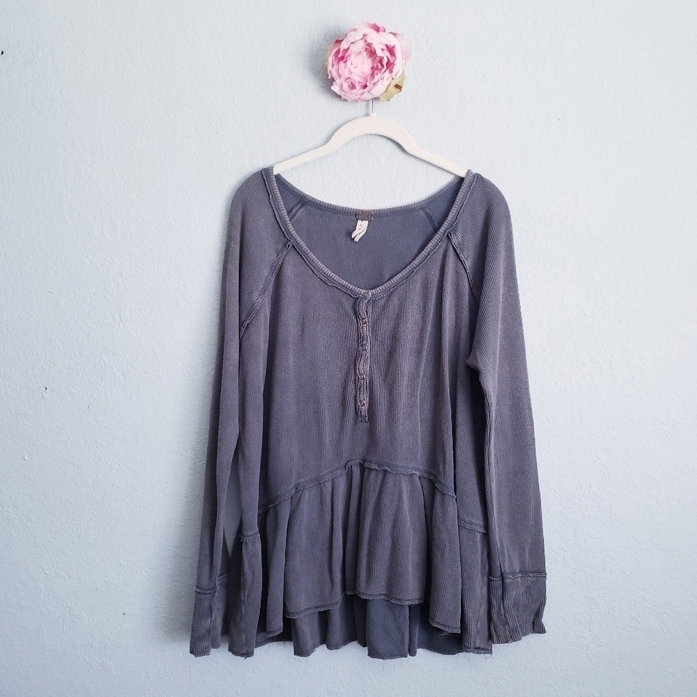 Free People Green Washed Coastline Waffle Knit Thermal